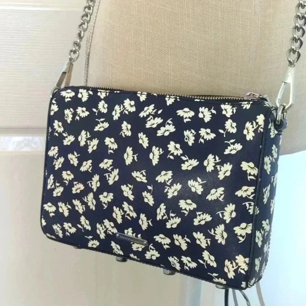 Rebecca Minkoff Avert Crossbody Saffiano Leather Black & White Floral Handbag